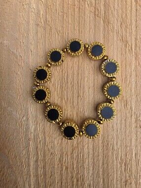 Vintage Gold Plated Glass & Matte Black Statement Beaded Stretch Bracelet
